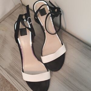WHBM Black Sole, White Toe And Tortoise Heels Ankle-Strap Sandals